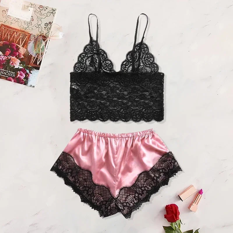 Summer 2Pcs Women'S New Sexy Lace See-Through Pajamas Black Pink Cute Clothes Comfortable Breathable Suspender Shorts Set