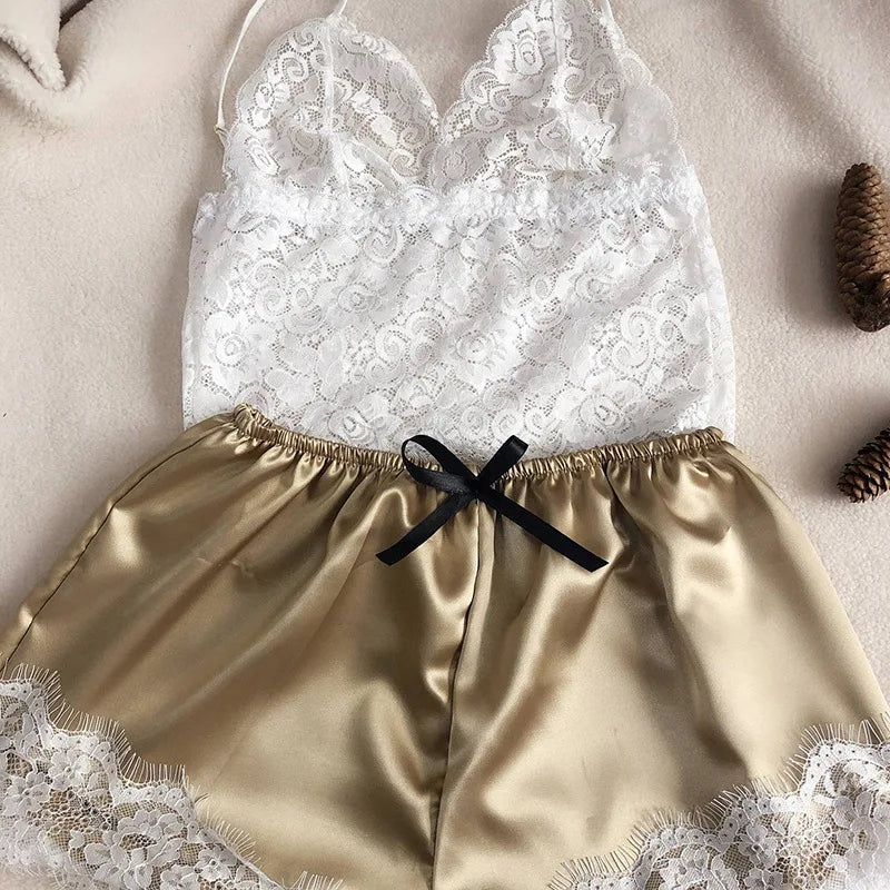 Summer 2Pcs Women'S New Sexy Lace See-Through Pajamas Black Pink Cute Clothes Comfortable Breathable Suspender Shorts Set