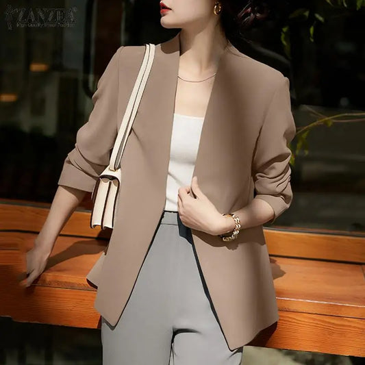 Woman Outwears  Autumn Cardigan Women Blazer Solid OL Work Suits Fashion Jackets Casual V Neck Long Sleeve Thin Coats