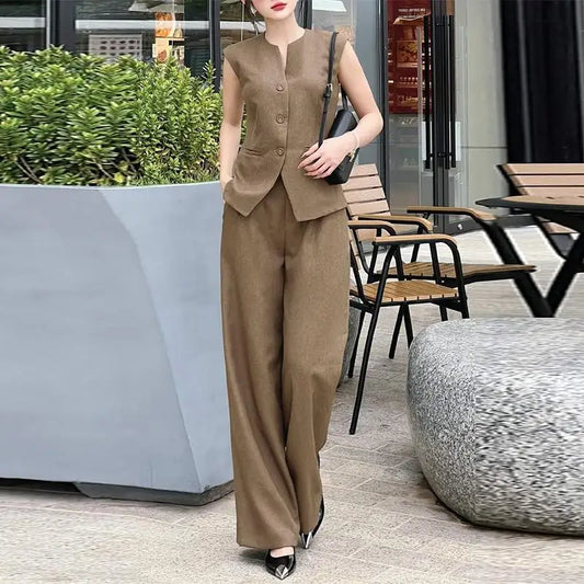 Women 2Pcs Matching Sets Fashion Sleeveless Waistcoat Suits Office Lady Wide Leg Pants Casual Loose Solid Retro Outfits