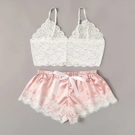Summer 2Pcs Women'S New Sexy Lace See-Through Pajamas Black Pink Cute Clothes Comfortable Breathable Suspender Shorts Set
