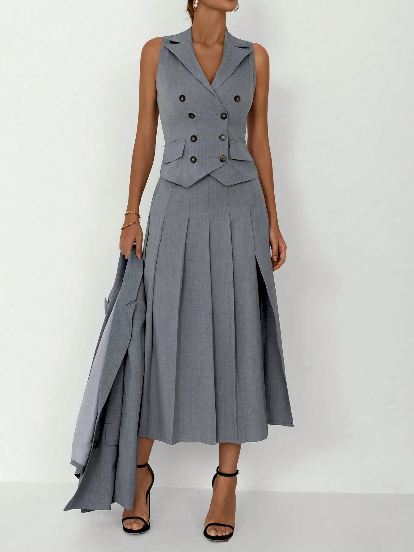 3Pcs Women Elegant Work Casual Business Suit Set: Fitted Vest for Spring/Summer, Pleated Midi Skirt, Suitable for Office Lady