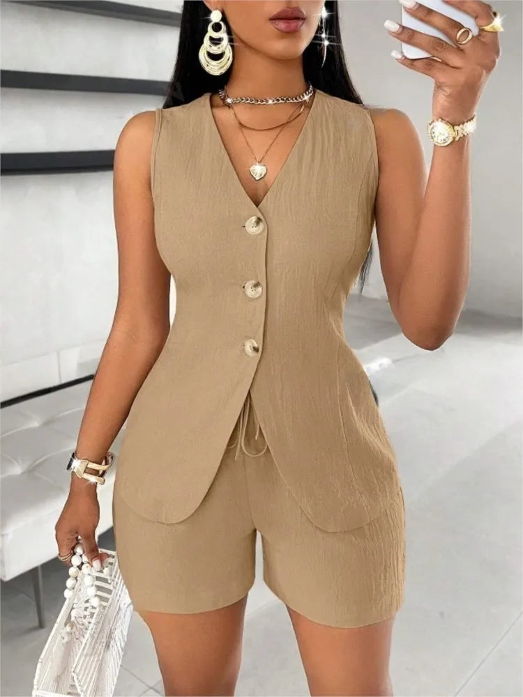 2025 New Women Fashion Casual Set of 2 Pieces Summer Top Button Elegant Solid Office Holiday Short Pant Suit Womens Clothing