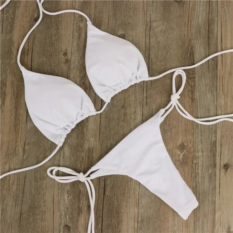 Sexy Bikini Set New Solid Color Bikinis Halter Neck Strap Thong Swimwear Bathing Suit Women 2 Pcs/Set Swimsuit Set for Beach