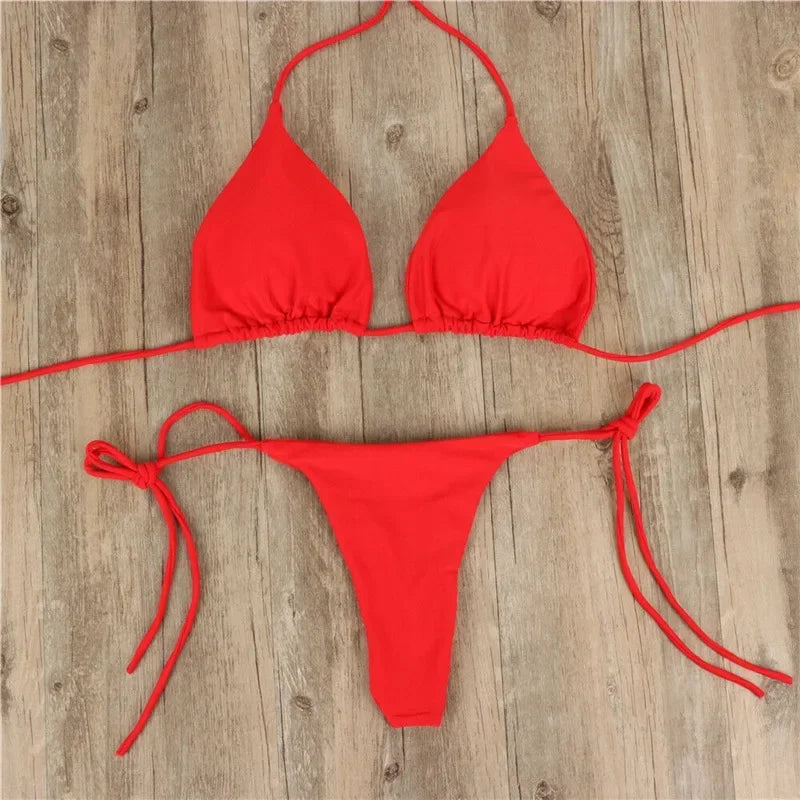 Sexy Bikini Set New Solid Color Bikinis Halter Neck Strap Thong Swimwear Bathing Suit Women 2 Pcs/Set Swimsuit Set for Beach