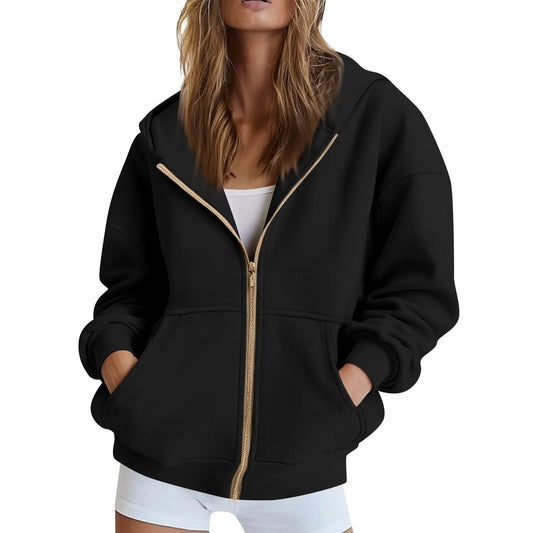 Solid Color Long Sleeve Zipper Hooded Sweatshirt Jacket Women Casual Fashion Hoodies Loose Warm Zipper Daily Dress up Clothing