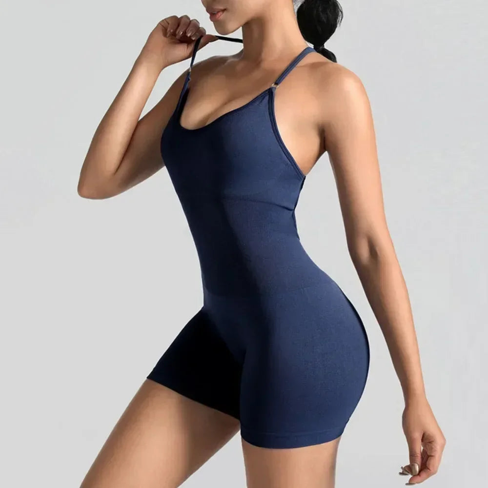 One Piece Cross Adjustable Sexy Fitness Jumpsuit Women Sports Playsuit Running Gym Yoga Suit Scrunch Shorts Backless Set Romper