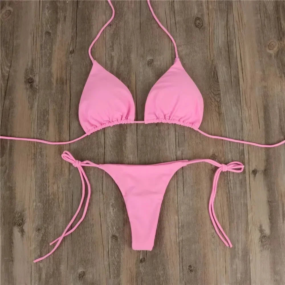 Sexy Bikini Set New Solid Color Bikinis Halter Neck Strap Thong Swimwear Bathing Suit Women 2 Pcs/Set Swimsuit Set for Beach