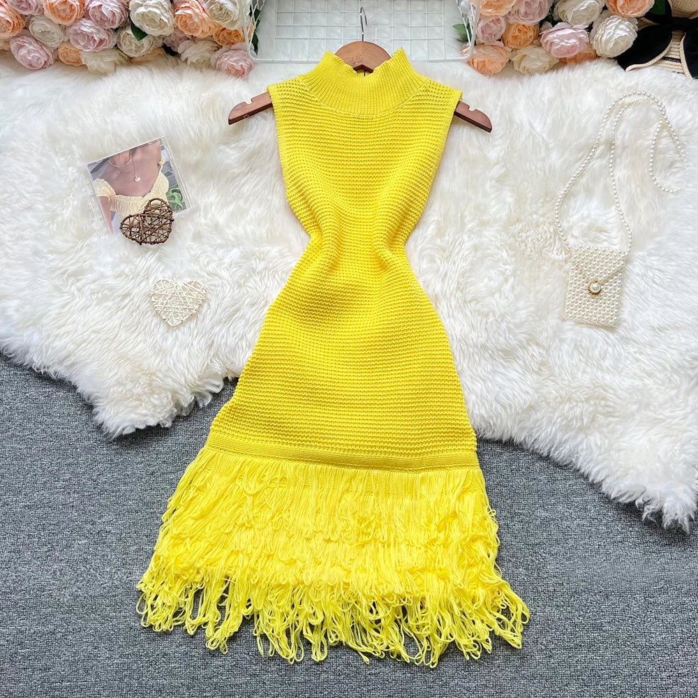 Women Dress 2025 New Summer Fashion Sexy Openwork Stitching Sleeveless Bodycon Party Dress Korean Lady Beach Vestidos