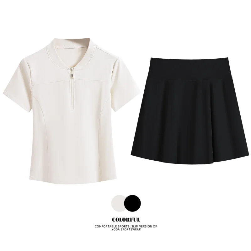 Women Tennis Skirt Set Summer Slim Fit Lightweight Gym Outfit 2 Piece Sport Top Skort Suit 2Pcs Tracksuit Ladies Golf Wear