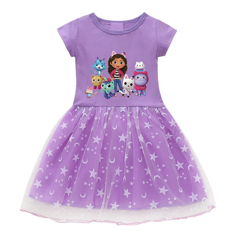 2024 New Summer Cartoon Gabby Cats Dresses Baby Girls Princess Dress Bag Headband Kids Gabby'S Dollhouse Cosplay Costume
