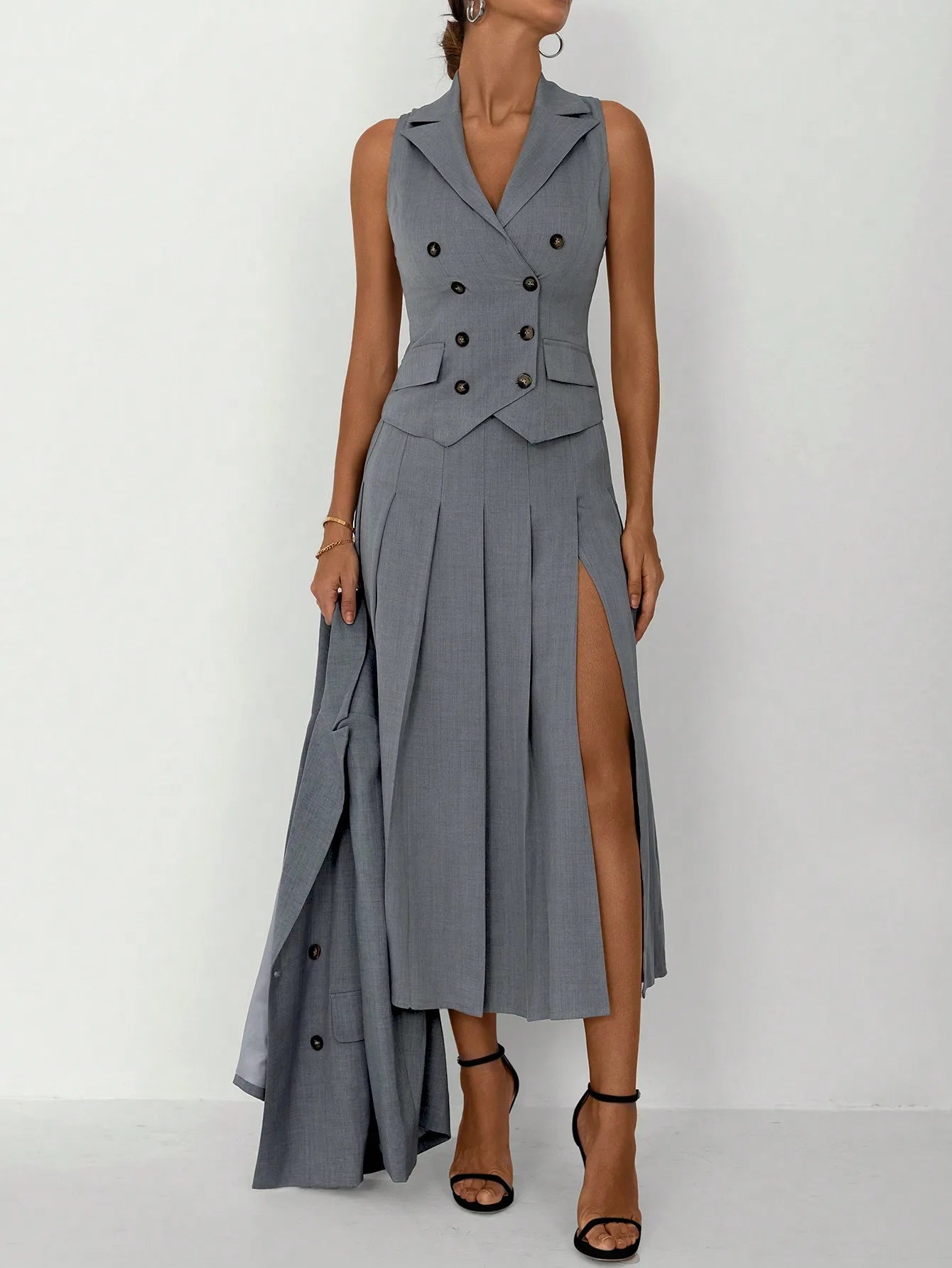 3Pcs Women Elegant Work Casual Business Suit Set: Fitted Vest for Spring/Summer, Pleated Midi Skirt, Suitable for Office Lady