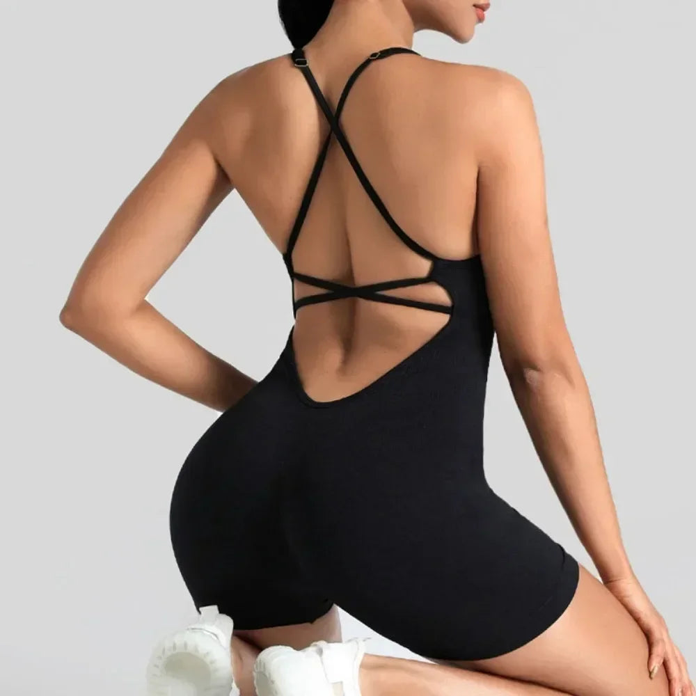One Piece Cross Adjustable Sexy Fitness Jumpsuit Women Sports Playsuit Running Gym Yoga Suit Scrunch Shorts Backless Set Romper