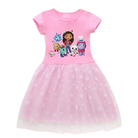 2024 New Summer Cartoon Gabby Cats Dresses Baby Girls Princess Dress Bag Headband Kids Gabby'S Dollhouse Cosplay Costume
