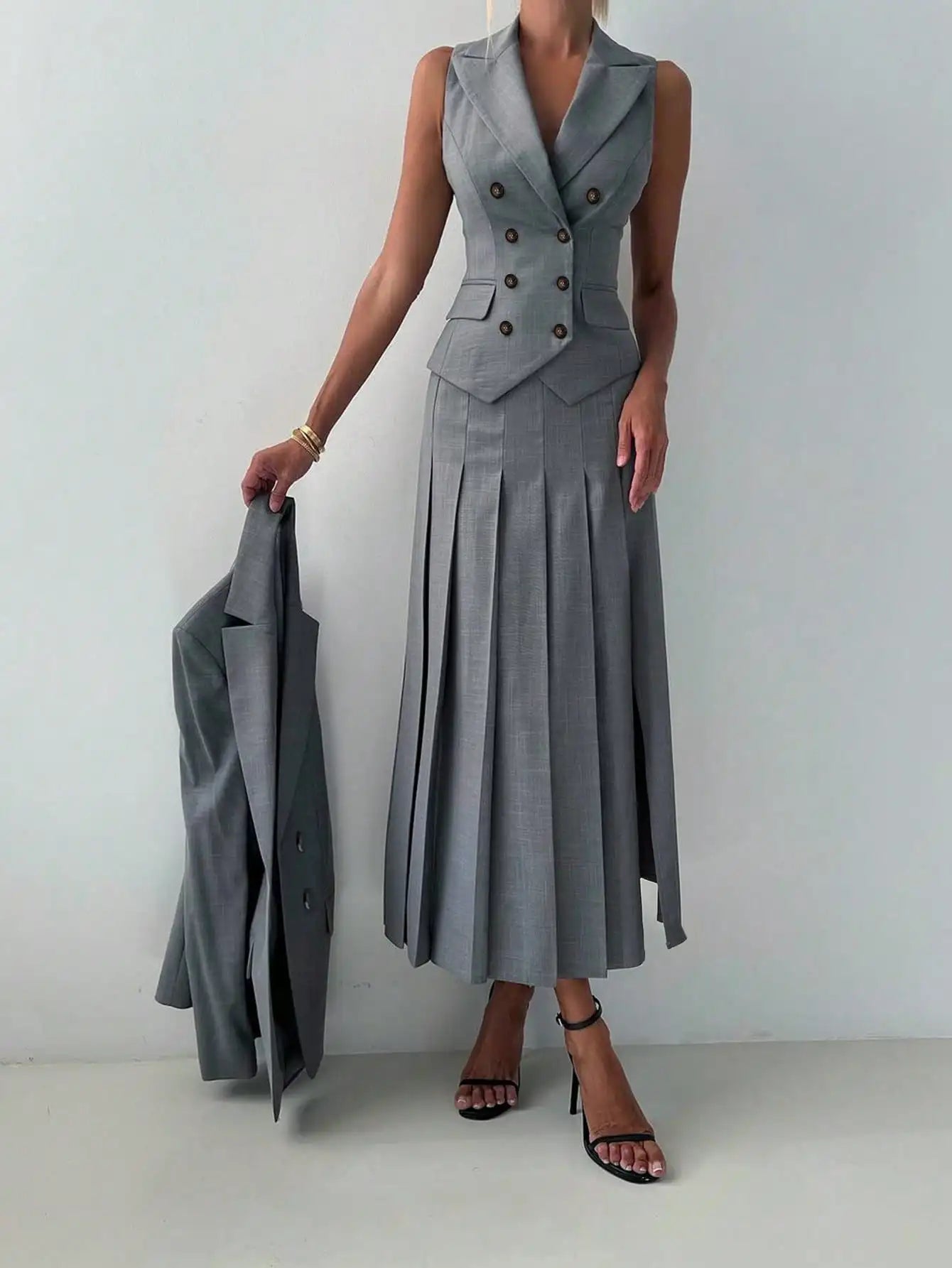 3Pcs Women Elegant Work Casual Business Suit Set: Fitted Vest for Spring/Summer, Pleated Midi Skirt, Suitable for Office Lady