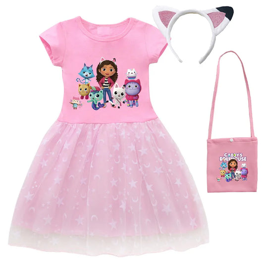 2024 New Summer Cartoon Gabby Cats Dresses Baby Girls Princess Dress Bag Headband Kids Gabby'S Dollhouse Cosplay Costume