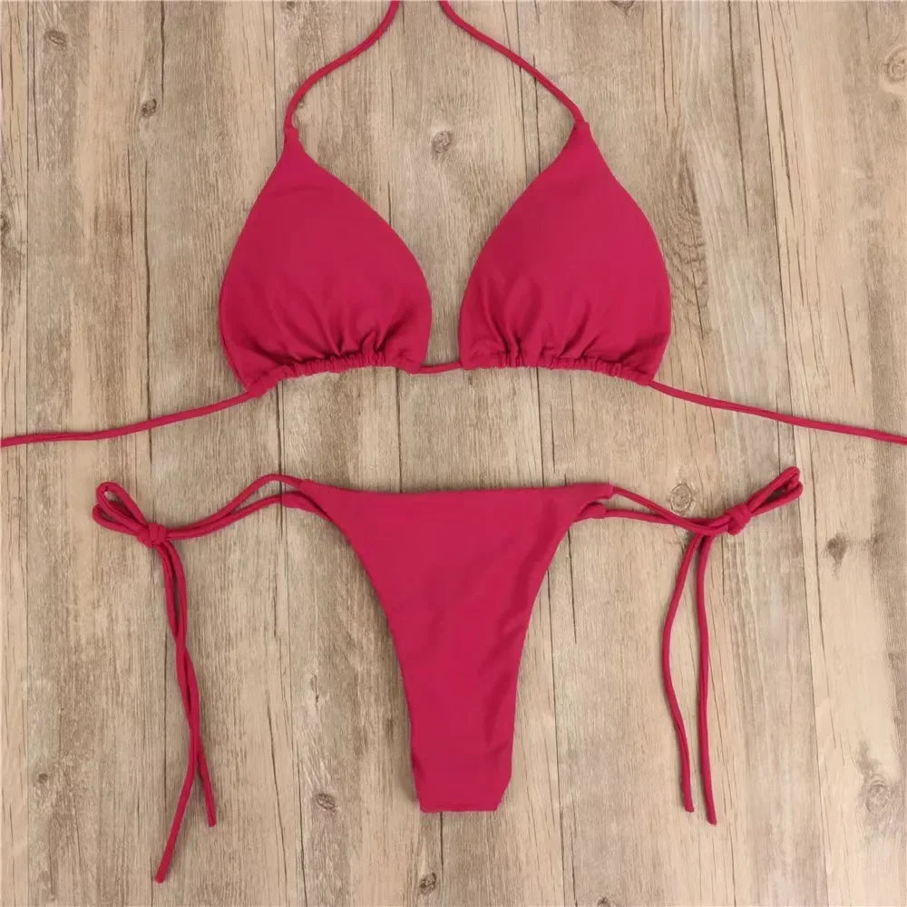 Sexy Bikini Set New Solid Color Bikinis Halter Neck Strap Thong Swimwear Bathing Suit Women 2 Pcs/Set Swimsuit Set for Beach