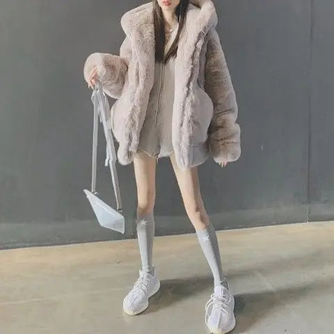 Korean Thickened Mink Velvet Coat Women Winter Clothes New Jacket Version Loose Imitation Rabbit Fur Plush Hooded Fur Coat
