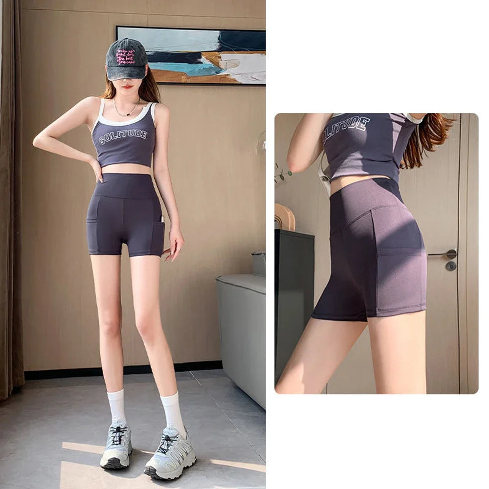 Yoga Shorts Leggings Women Cycling Half Shorts with Pocket High Waist Sports Biker Shorts Women Gym Hip Lift Fitness Pants