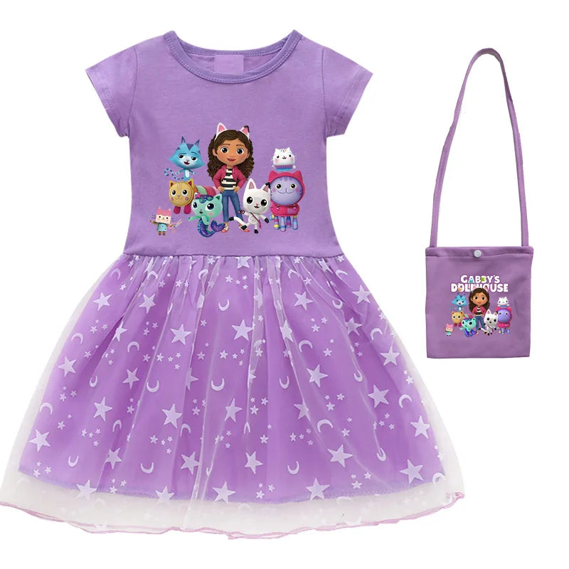 2024 New Summer Cartoon Gabby Cats Dresses Baby Girls Princess Dress Bag Headband Kids Gabby'S Dollhouse Cosplay Costume