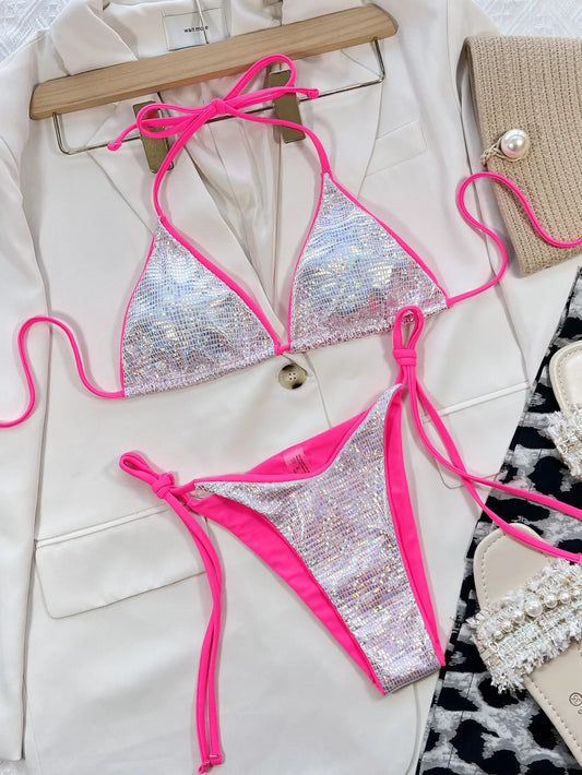 2025 Women Swimsuits Shiny Sexy Triangle Swimwear Women'S Two-Piece Swimsuit Halter Bikini Set Glittery Luxury Bathing Suit