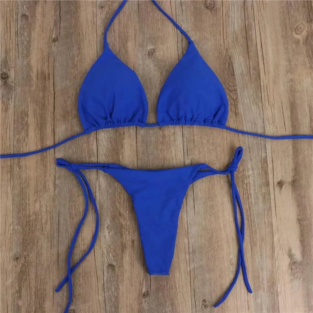 Sexy Bikini Set New Solid Color Bikinis Halter Neck Strap Thong Swimwear Bathing Suit Women 2 Pcs/Set Swimsuit Set for Beach