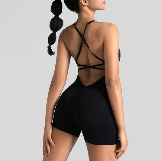 One Piece Cross Adjustable Sexy Fitness Jumpsuit Women Sports Playsuit Running Gym Yoga Suit Scrunch Shorts Backless Set Romper