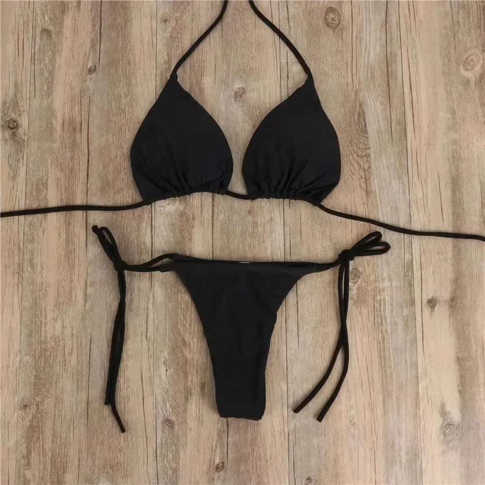 Sexy Bikini Set New Solid Color Bikinis Halter Neck Strap Thong Swimwear Bathing Suit Women 2 Pcs/Set Swimsuit Set for Beach