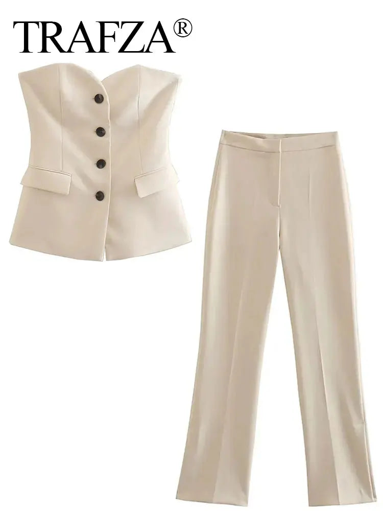 Women Elegant Solid Pant Suit Front Button Strapless Sexy Tank Tops + Side Slit Trouser Female Fashion Streetwear Sets