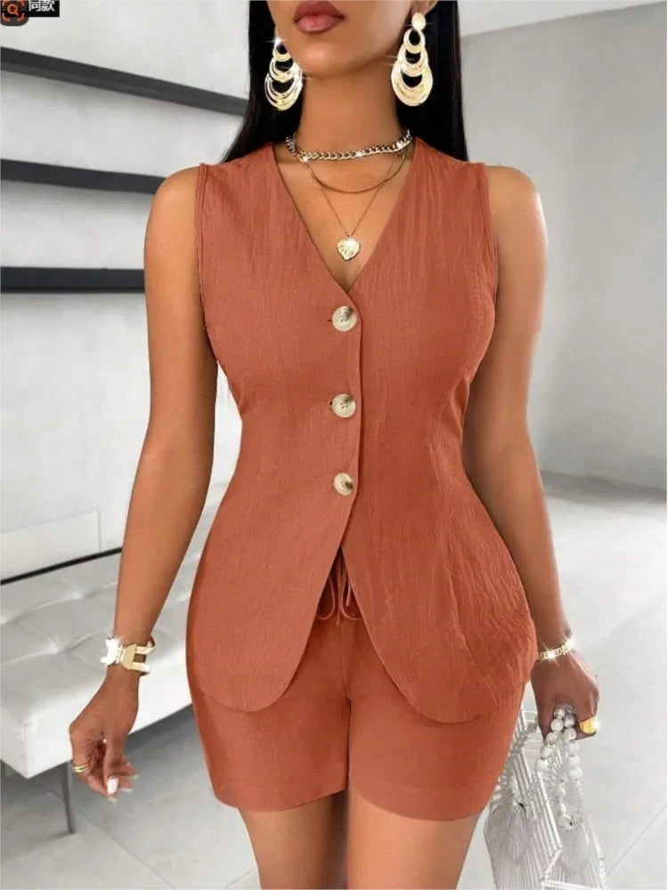 2025 New Women Fashion Casual Set of 2 Pieces Summer Top Button Elegant Solid Office Holiday Short Pant Suit Womens Clothing