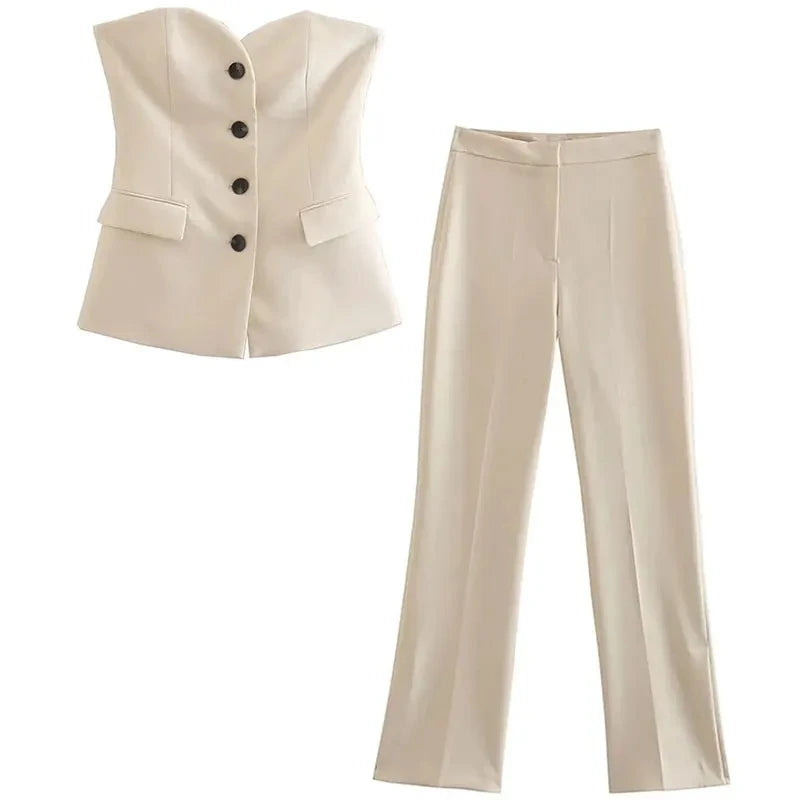 Women Elegant Solid Pant Suit Front Button Strapless Sexy Tank Tops + Side Slit Trouser Female Fashion Streetwear Sets