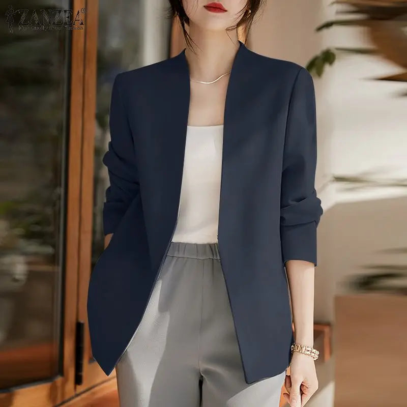 Woman Outwears  Autumn Cardigan Women Blazer Solid OL Work Suits Fashion Jackets Casual V Neck Long Sleeve Thin Coats